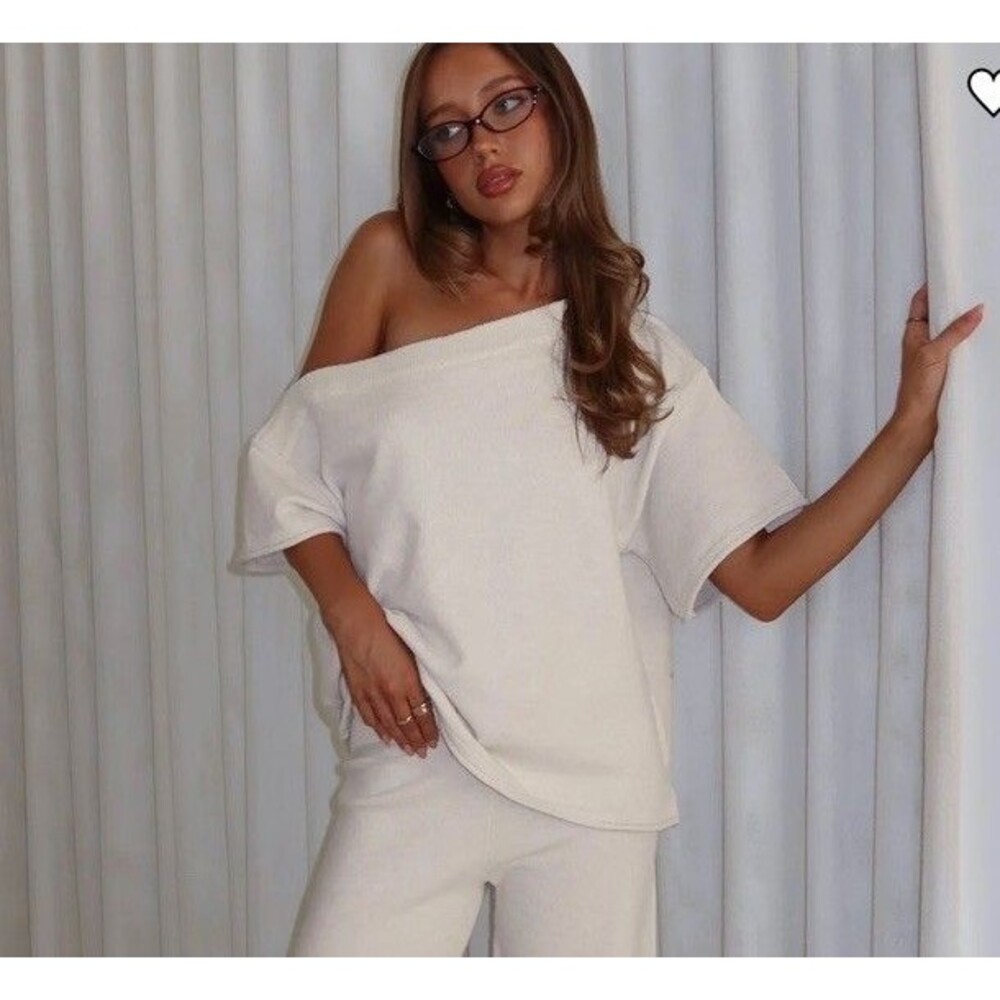 Princess Polly 12 L Oversized Sweater Top Oat Beige Short Sleeve Knit